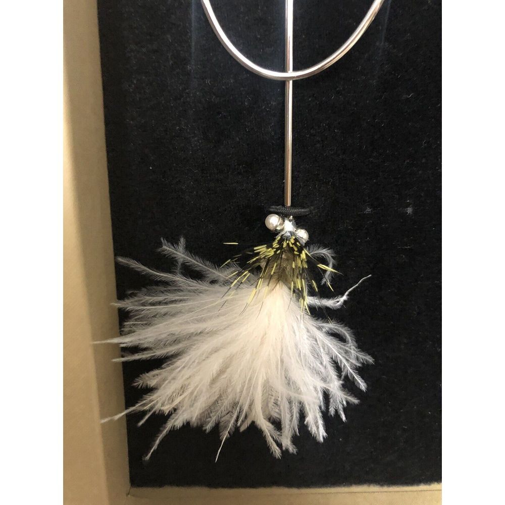 Burberry Asymmetrical Silver Tone Earrings Ostrich Feather Pearl Chain Drop NIB - Picture 7 of 15